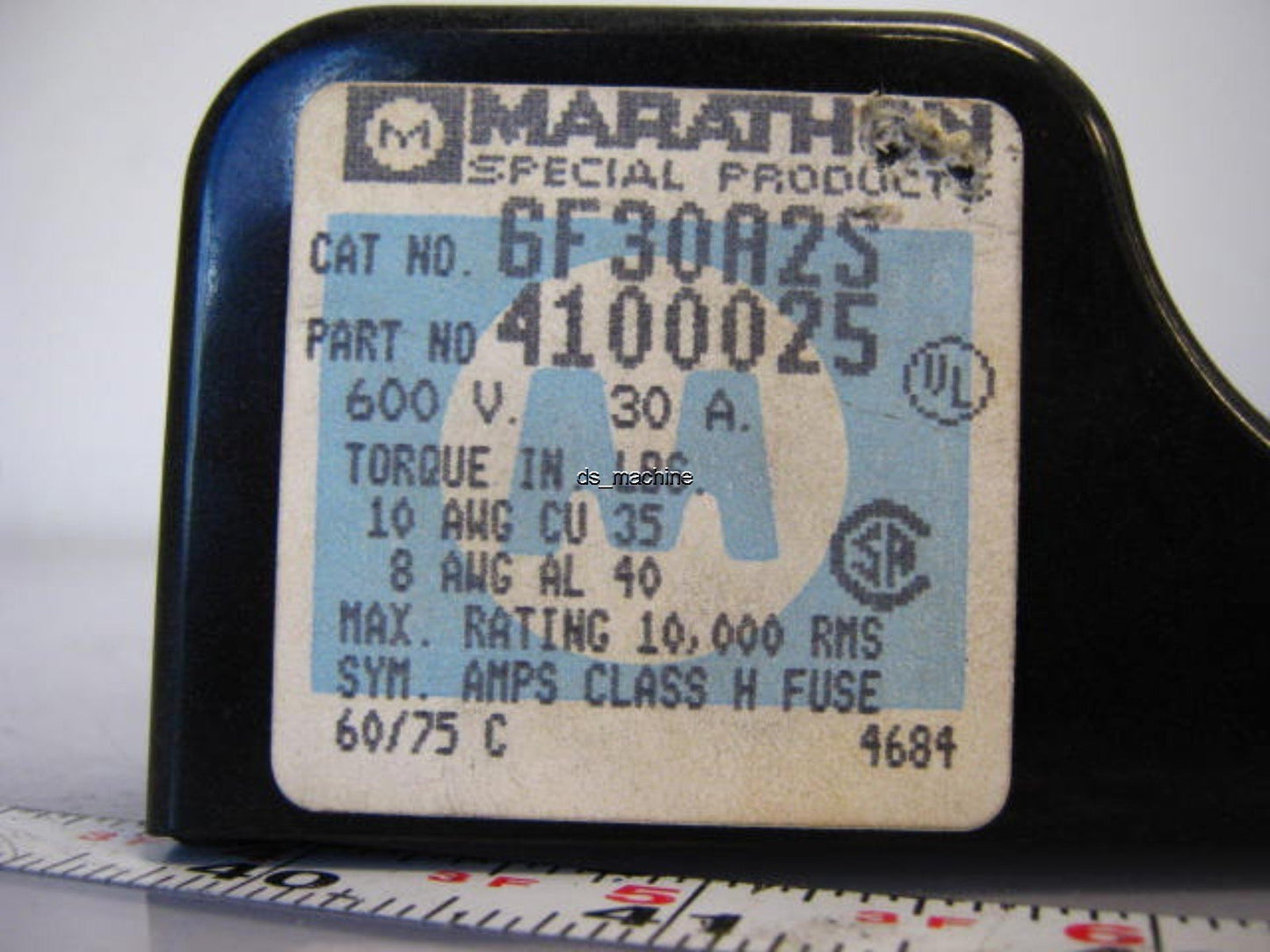 Used Marathon 6F30A2S 2 Pole Fuse Holder Block 600VAC 30A 10 awg Class H