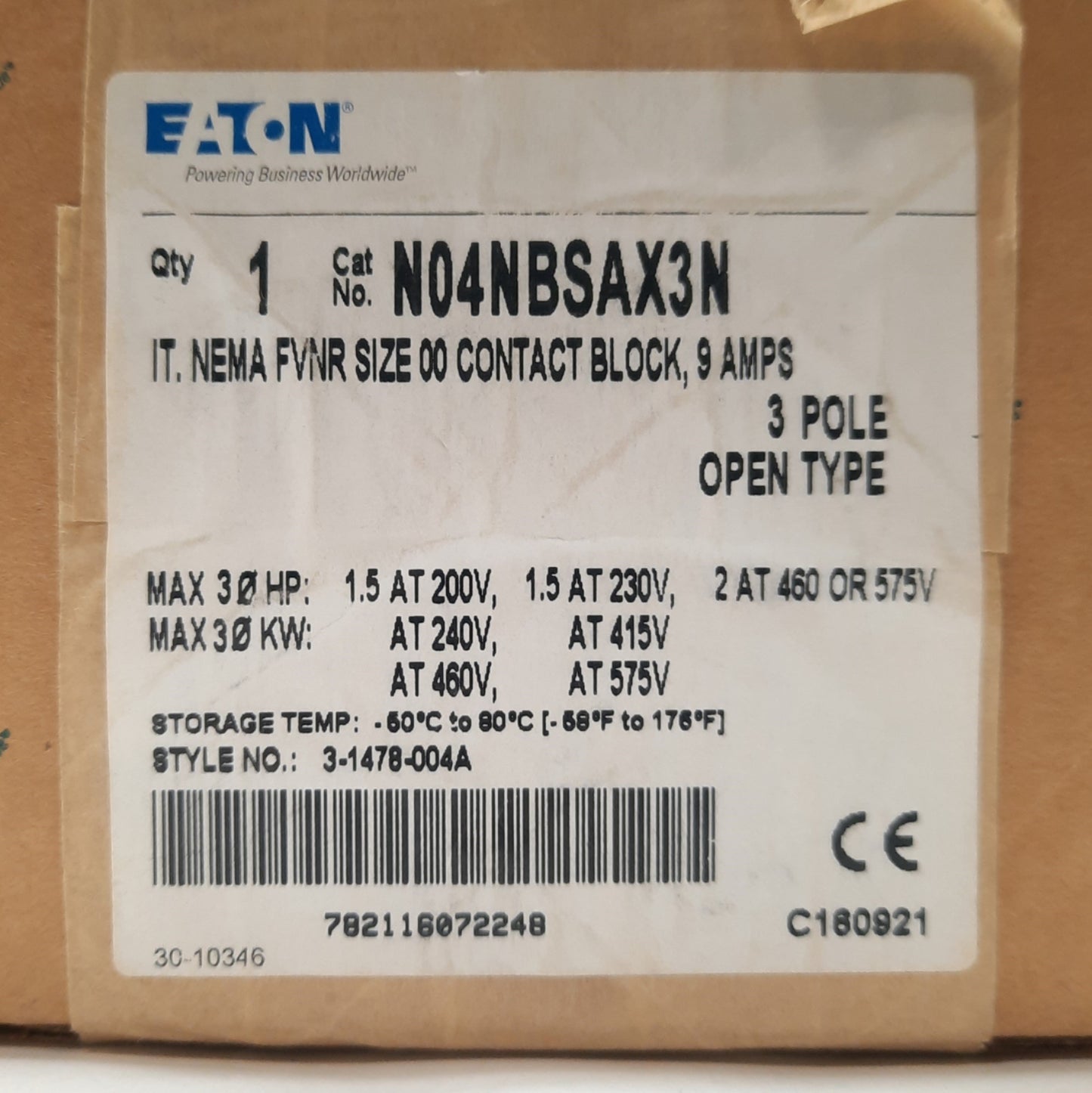 New – Open box Eaton N04NBSAX3N IT NEMA Contactor, 3-Pole 600VAC 9A *No Coil Controller*