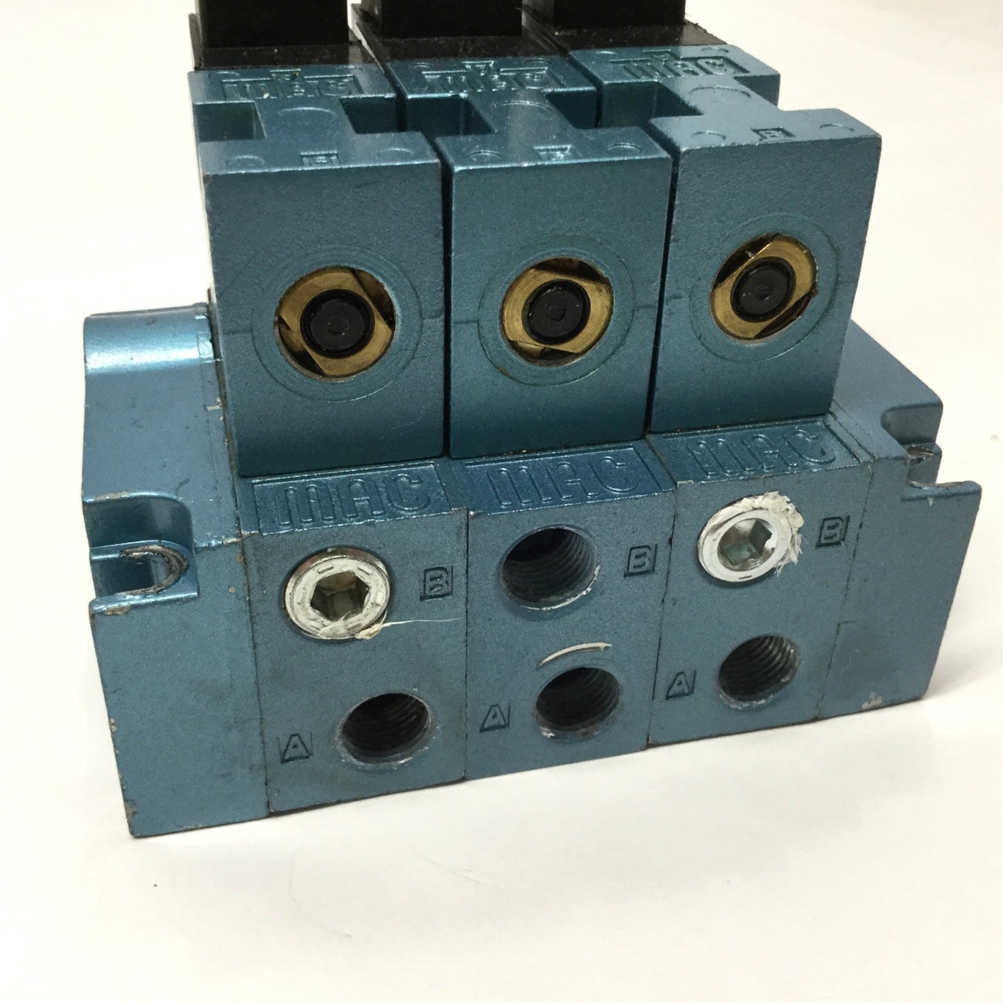 Used Manifold of (3x) MAC 45A-LAC-DDAJ-1KJ 4-Way Solenoid Valves 24VDC, 1/8" NPT Base