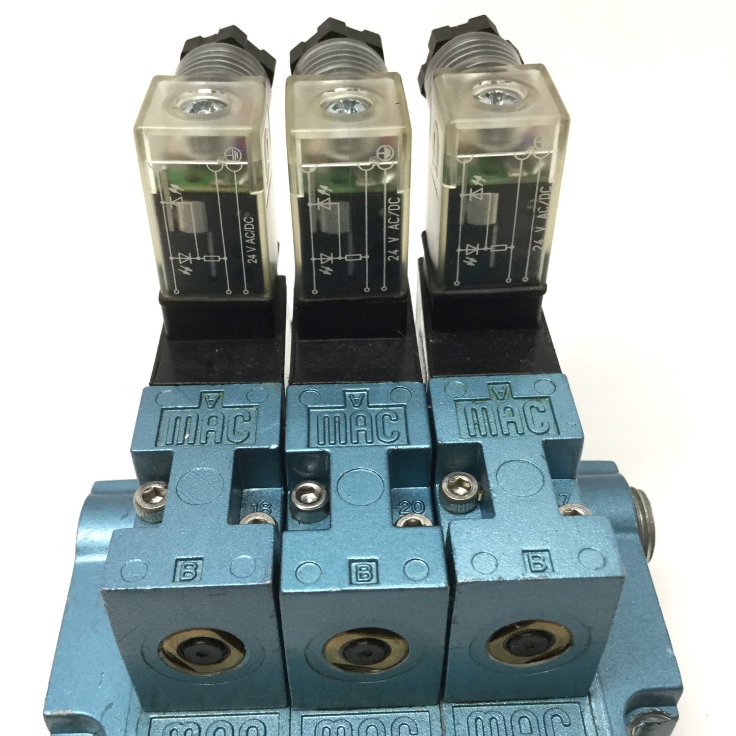 Used Manifold of (3x) MAC 45A-LAC-DDAJ-1KJ 4-Way Solenoid Valves 24VDC, 1/8" NPT Base
