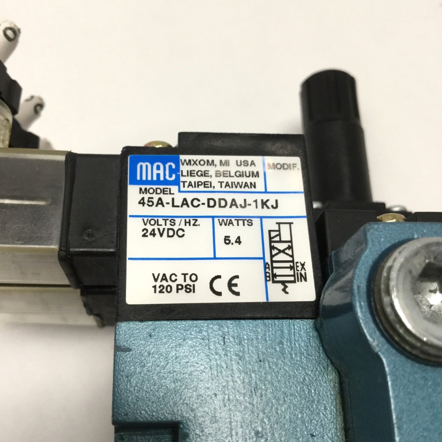 Used Manifold of (3x) MAC 45A-LAC-DDAJ-1KJ 4-Way Solenoid Valves 24VDC, 1/8" NPT Base