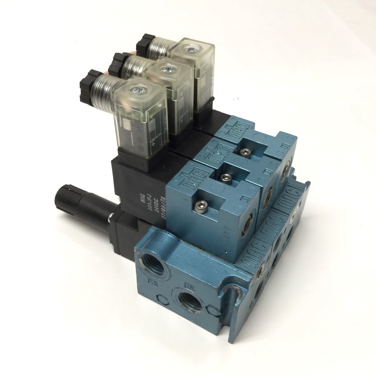 Used Manifold of (3x) MAC 45A-LAC-DDAJ-1KJ 4-Way Solenoid Valves 24VDC, 1/8" NPT Base