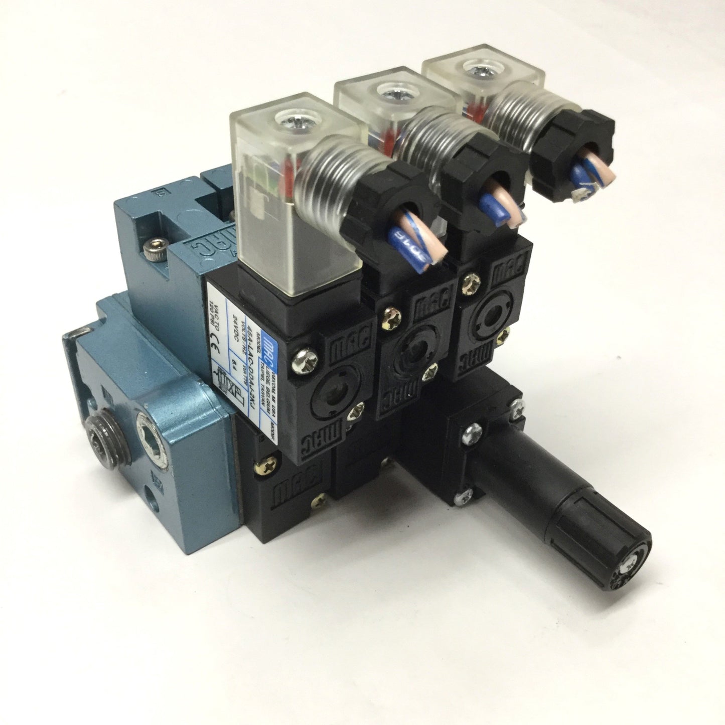 Used Manifold of (3x) MAC 45A-LAC-DDAJ-2KJ 4-Way Solenoid Valves 24VDC, 1/8" NPT Base