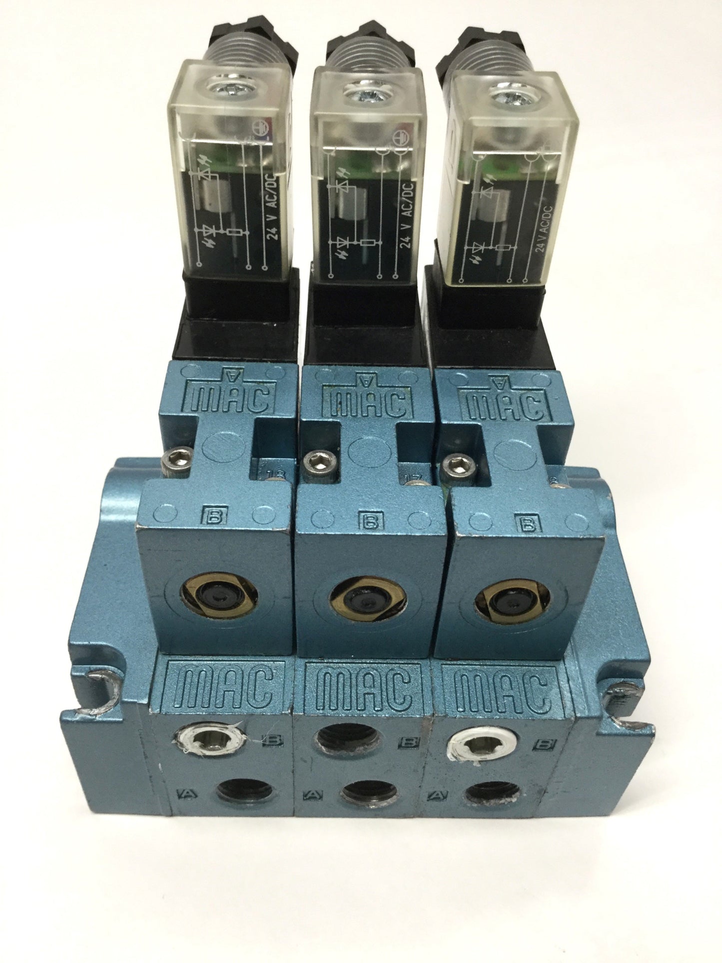 Used Manifold of (3x) MAC 45A-LAC-DDAJ-2KJ 4-Way Solenoid Valves 24VDC, 1/8" NPT Base