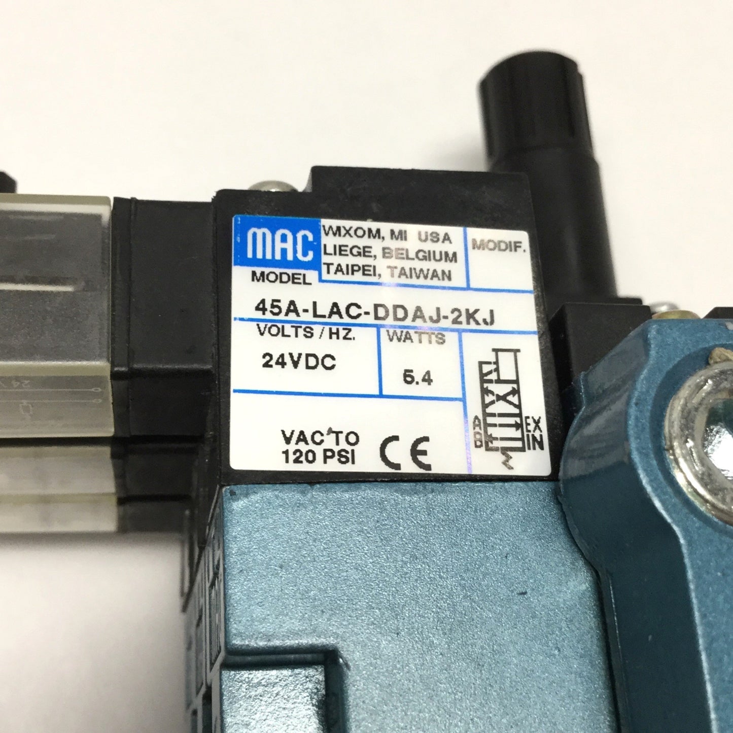 Used Manifold of (3x) MAC 45A-LAC-DDAJ-2KJ 4-Way Solenoid Valves 24VDC, 1/8" NPT Base