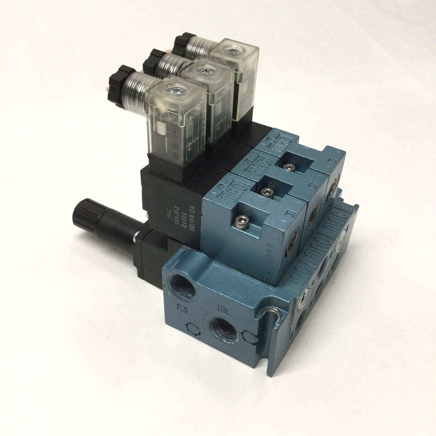 Used Manifold of (3x) MAC 45A-LAC-DDAJ-2KJ 4-Way Solenoid Valves 24VDC, 1/8" NPT Base