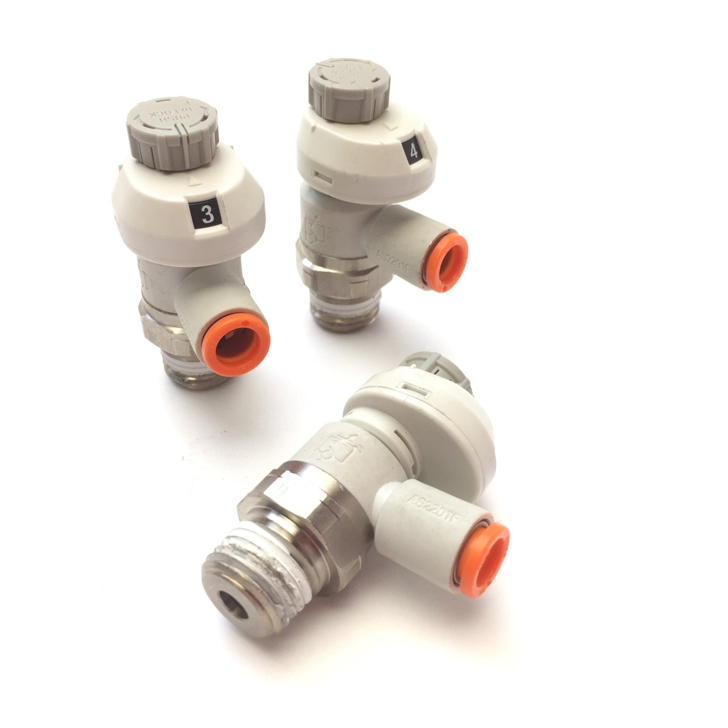 Used Lot of 3 SMC AS2201FS Speed Flow Control Fitting 1/4" Port, Meter Out, 1/4" Tube
