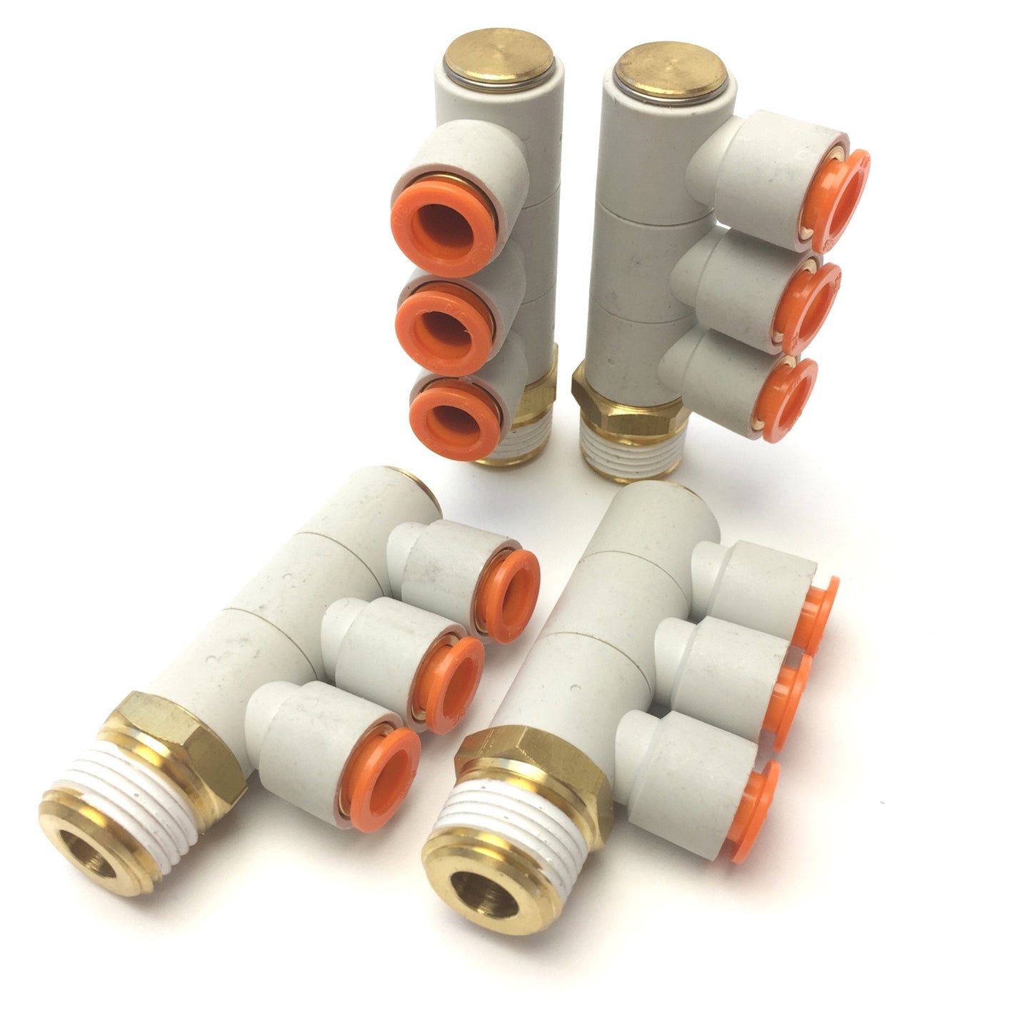 New – Open box Lot of 4 SMC KQ2VT11-37AS Triple Male Elbow Pneumatic Fitting 1/2"NPT, 3/8"P2C