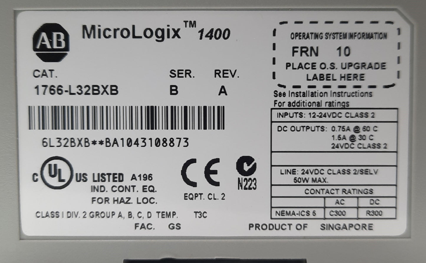 Used Allen Bradley 1766-L32BXB Series B MicroLogix 1400 PLC, I/O 32x, RS232, 24VDC