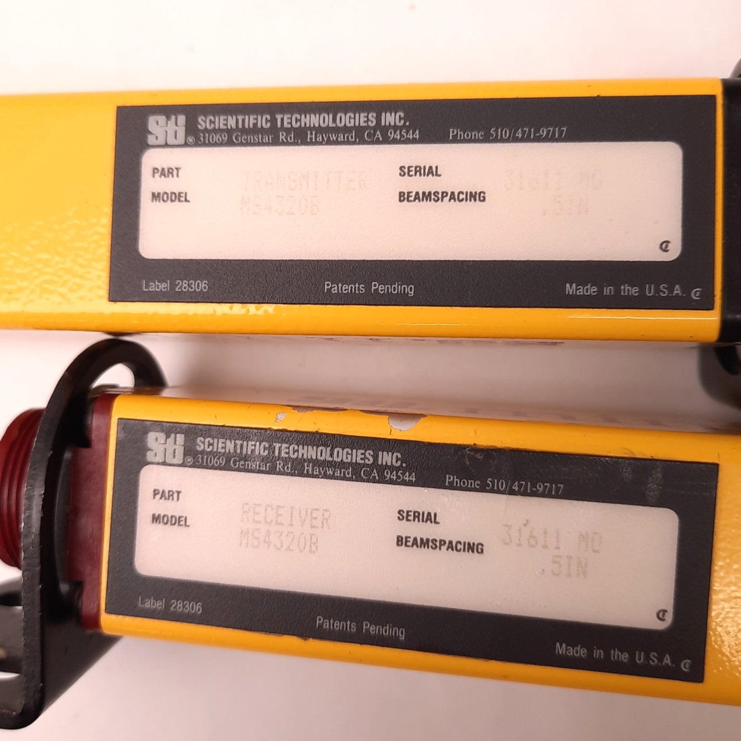 Used STI MS4320B Minisafe Light Curtain Transmitter/Receiver, 30Ft Range,0.5" Spacing