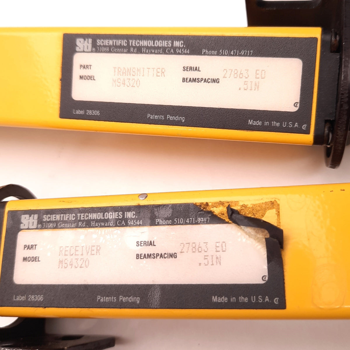 Used STI MS4320 Minisafe Light Curtain Transmitter/Receiver, 30Ft Range,0.5" Spacing