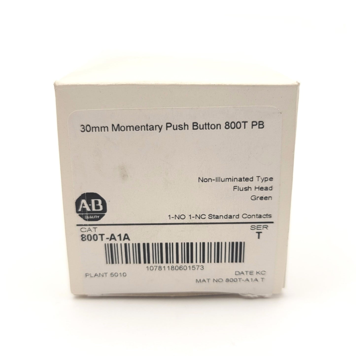New – Open box Allen Bradley 800T-A1A Ser. T Momentary Push Button, Green, 30mm, 1x N.C. 600VAC