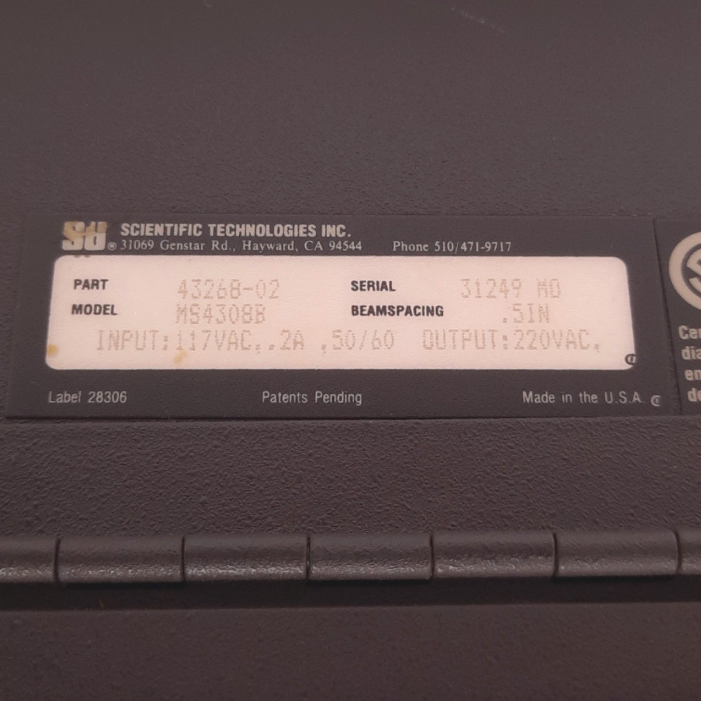 Used STI 43268-0200 MS4308B-2 Minisafe Light Curtain Controller, No Relay Cover Plate