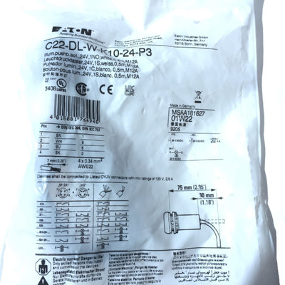 New Eaton C22-DL-W-K10-24-P3 Illuminated Compact 22.5mm Pushbutton 24V 4P 1NO White