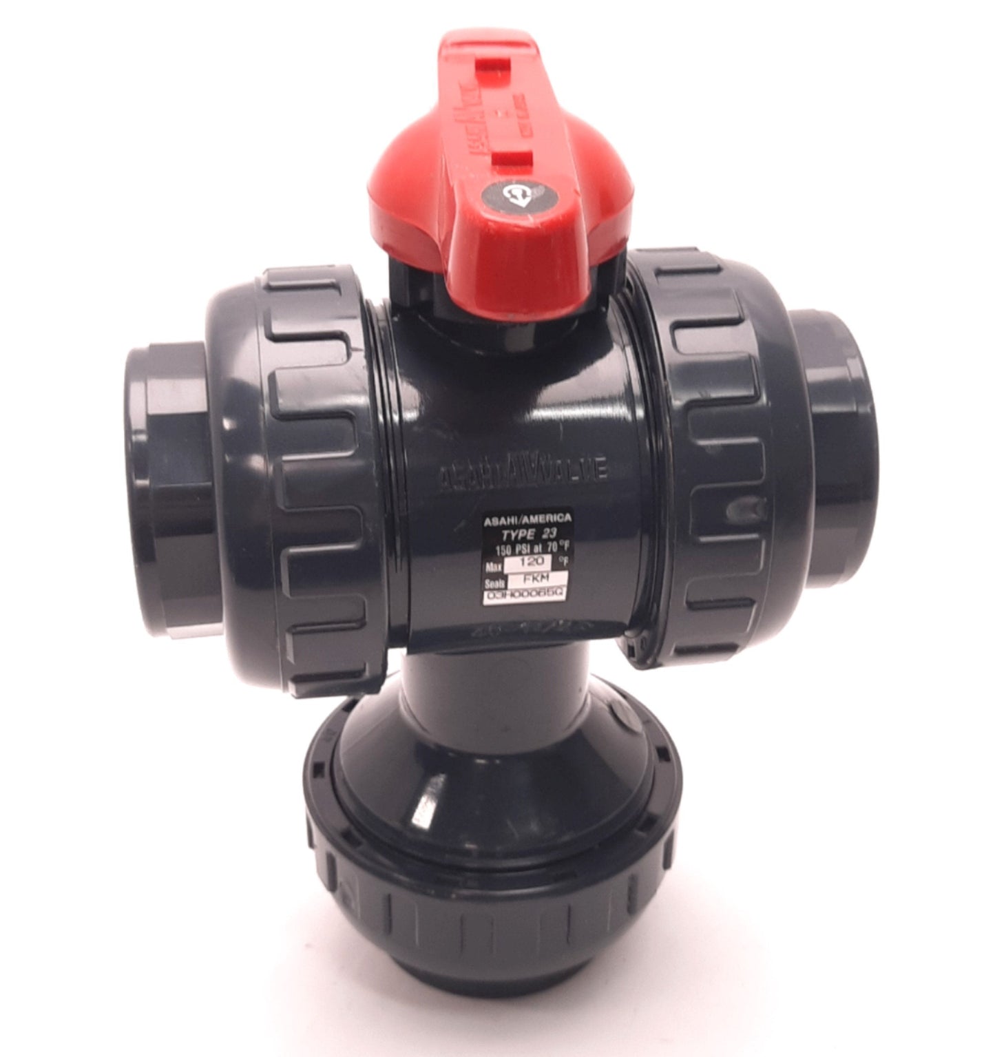 Used Asahi/America Type 23 3-Way Ball Valve, 1.5" Connections, FKM Seals, 150 Psi