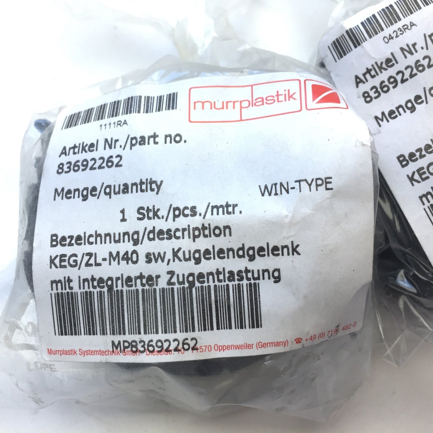 New Lot of 2 Murrplastik 83692262 End Ball Joint w/ Integrated S Fastening Element