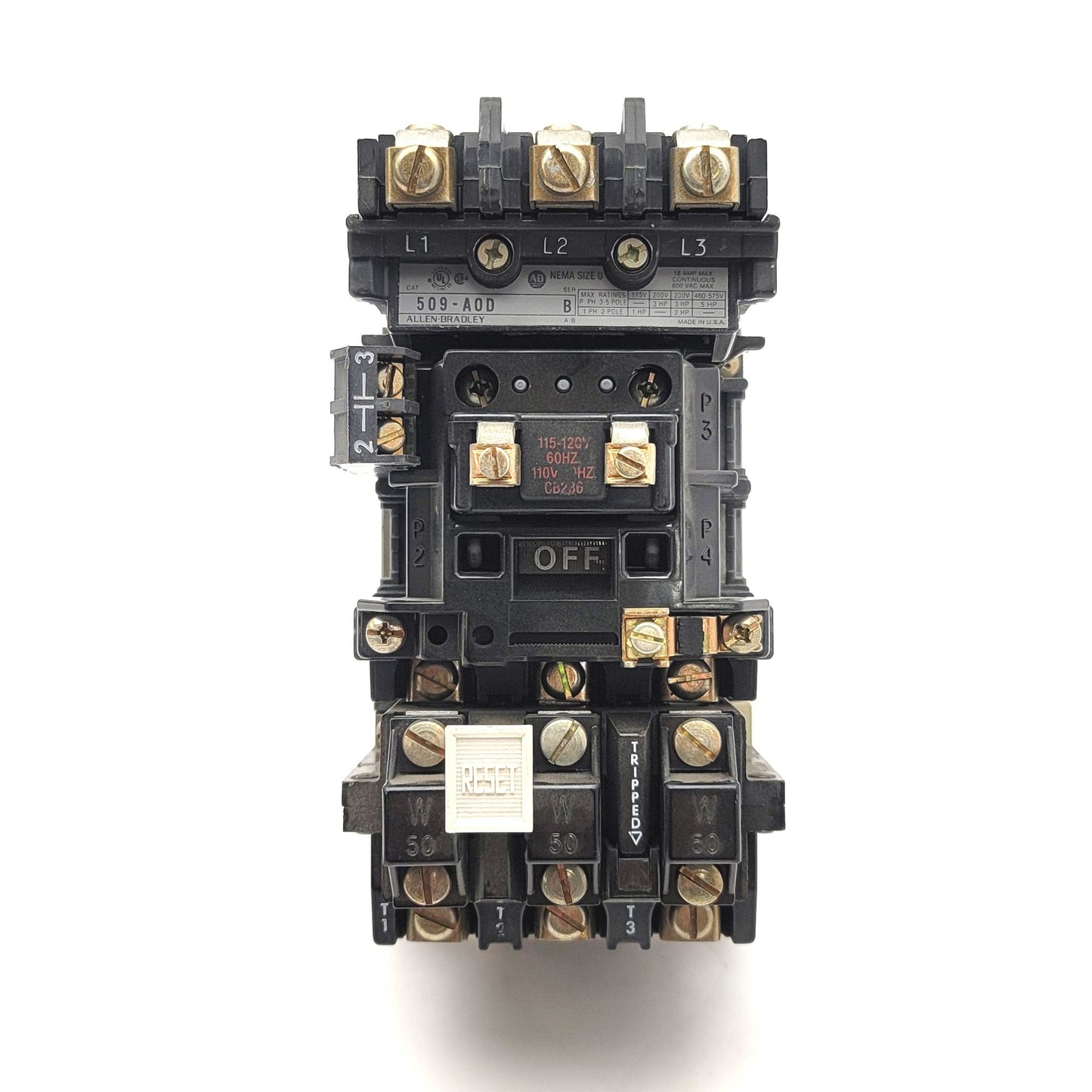 Used Allen Bradley 509-AOD Full Voltage Non-Reversing Starter, 600VAC, 5HP, 18A