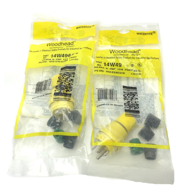New Lot of 2 Woodhead 14W49 Watertite Straight Blade Male Plugs NEMA 6-15P 15A 250V