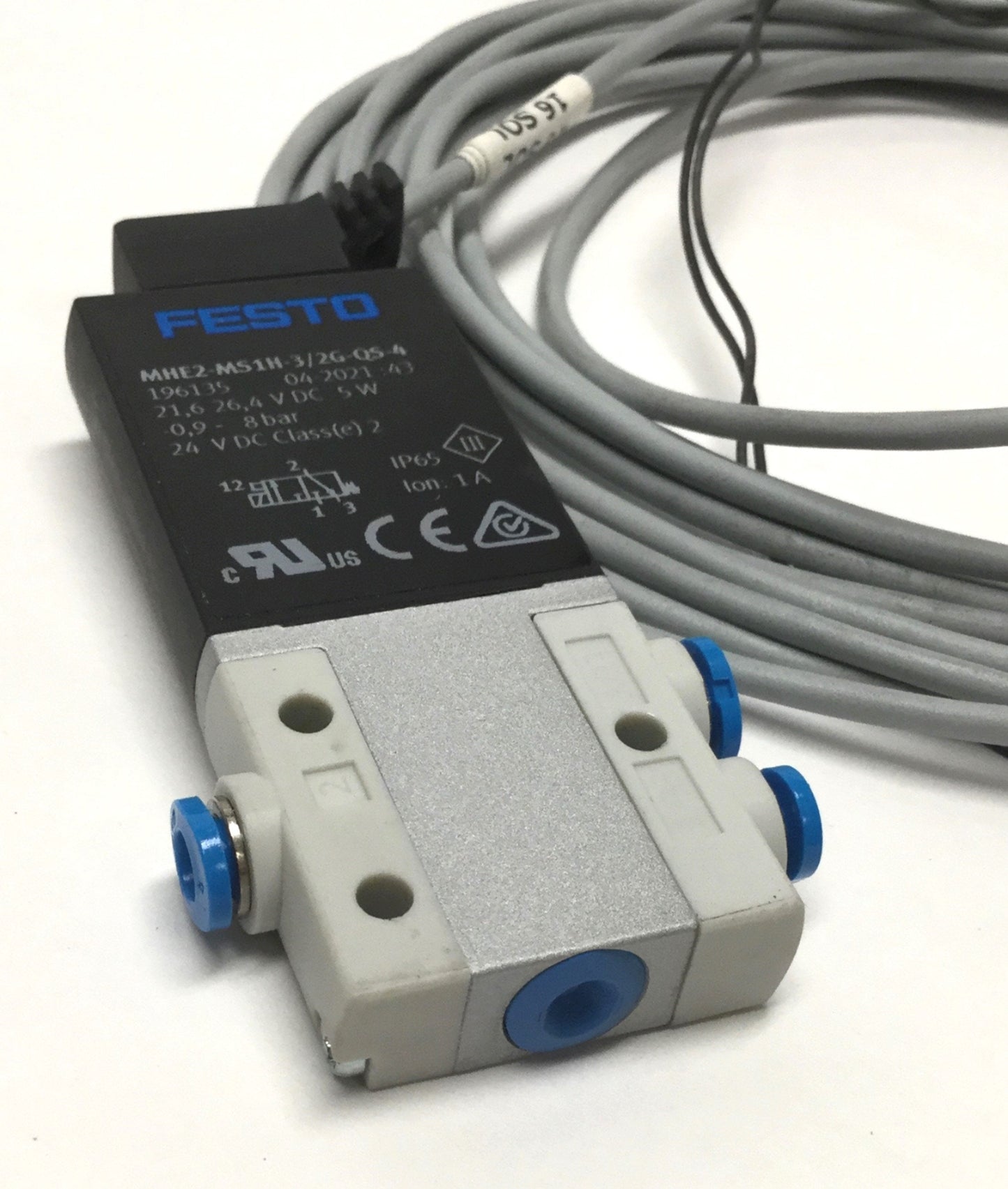 Used Festo MHE2-MS1H-3/2G-QS-4 Solenoid Valve, 3-Way NC, 24VDC, Ø4mm Ports, 120psi