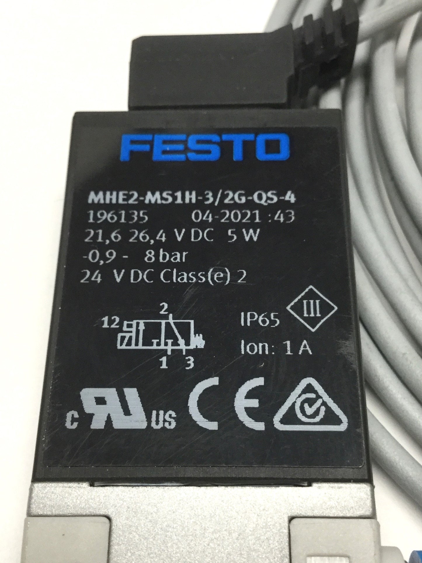 Used Festo MHE2-MS1H-3/2G-QS-4 Solenoid Valve, 3-Way NC, 24VDC, Ø4mm Ports, 120psi