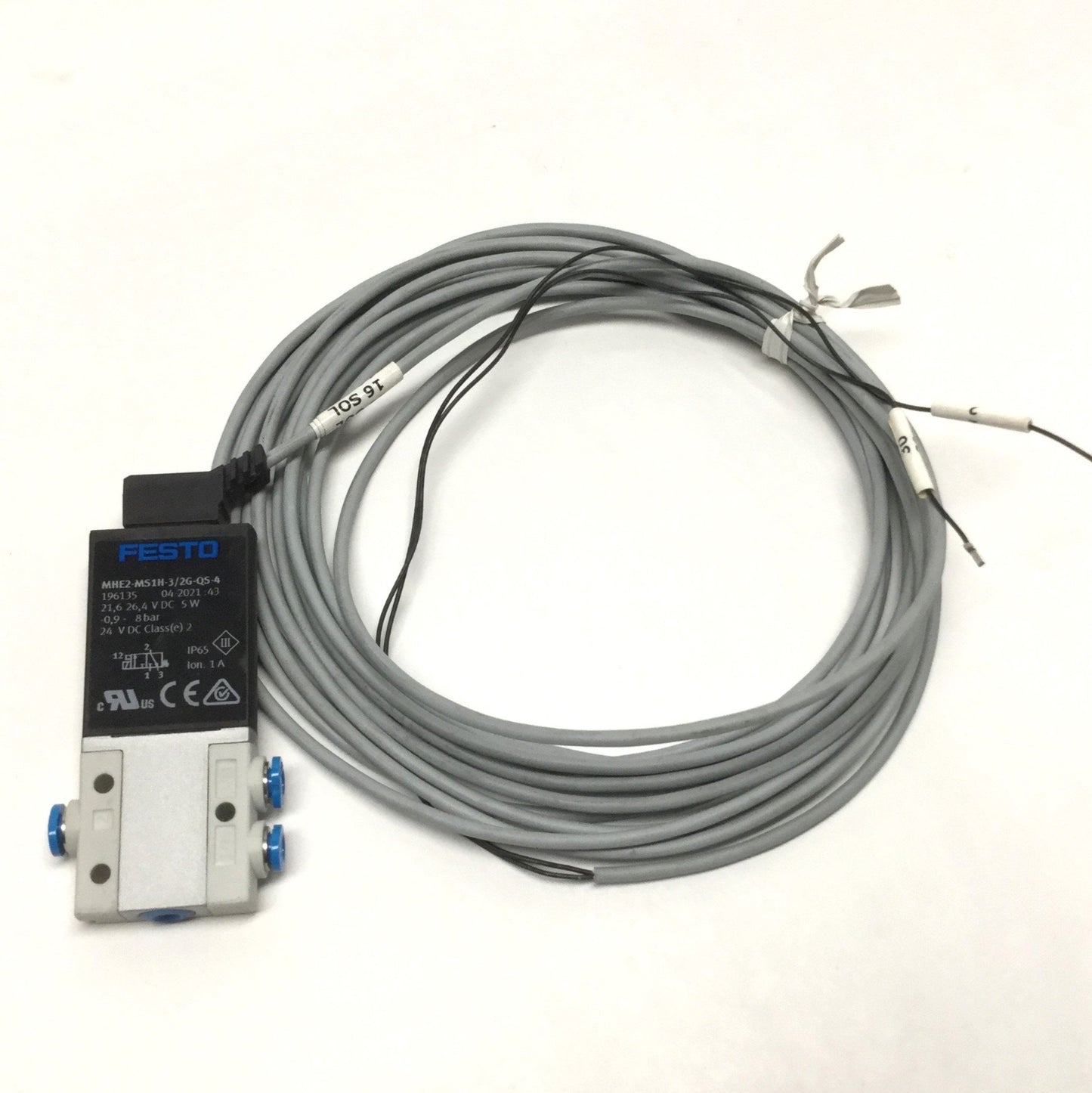 Used Festo MHE2-MS1H-3/2G-QS-4 Solenoid Valve, 3-Way NC, 24VDC, Ø4mm Ports, 120psi