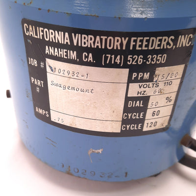 Used California Vibratory Feeder 102932-1 , 0.75 Amps, 110v AC, 15/20 PPM, 120 Cycle