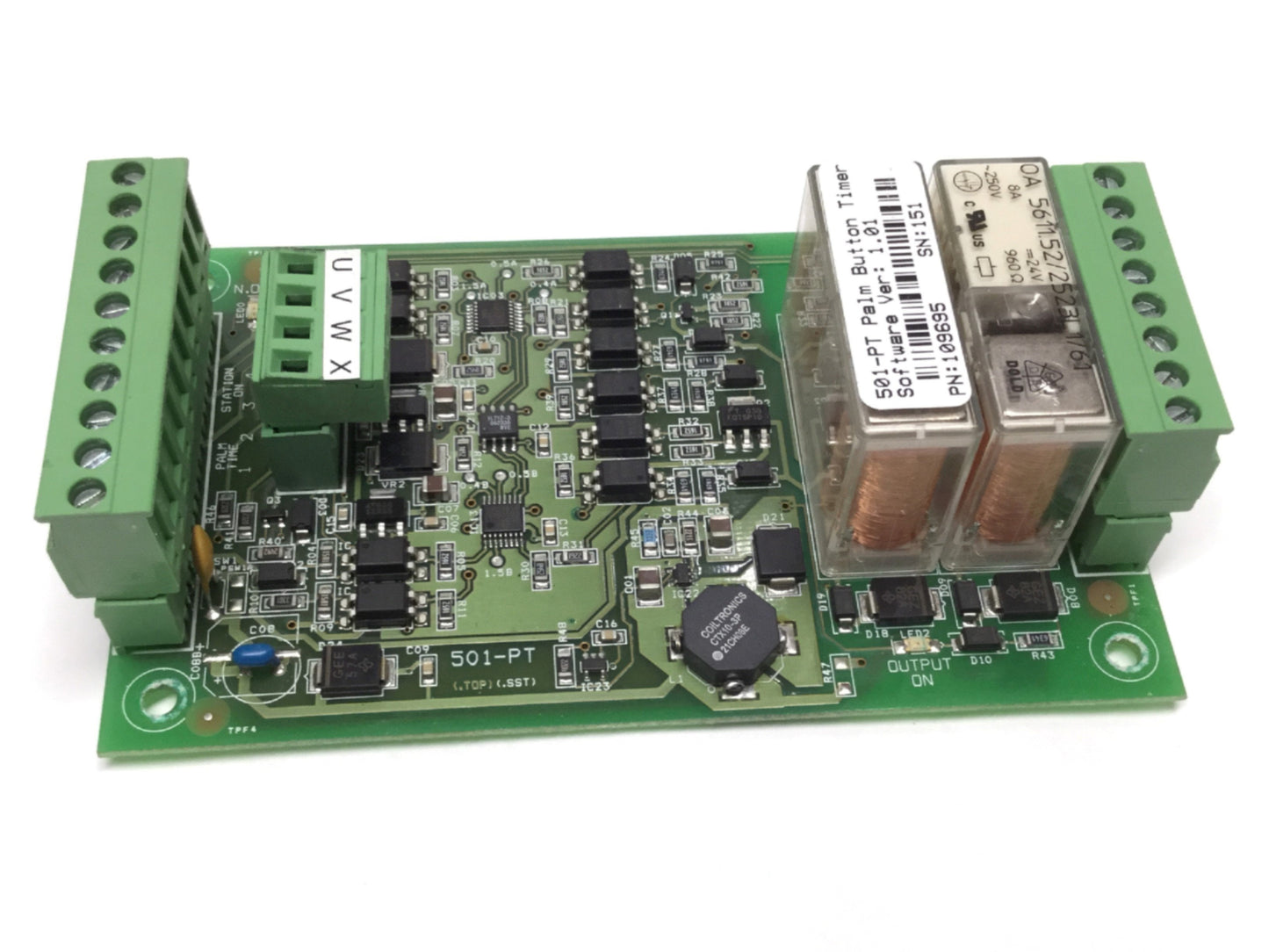 Used 501-PT 109695 Palm Button Timer Relay Assembly 24VDC Coil, 4NO-4NC, 250VAC 8A