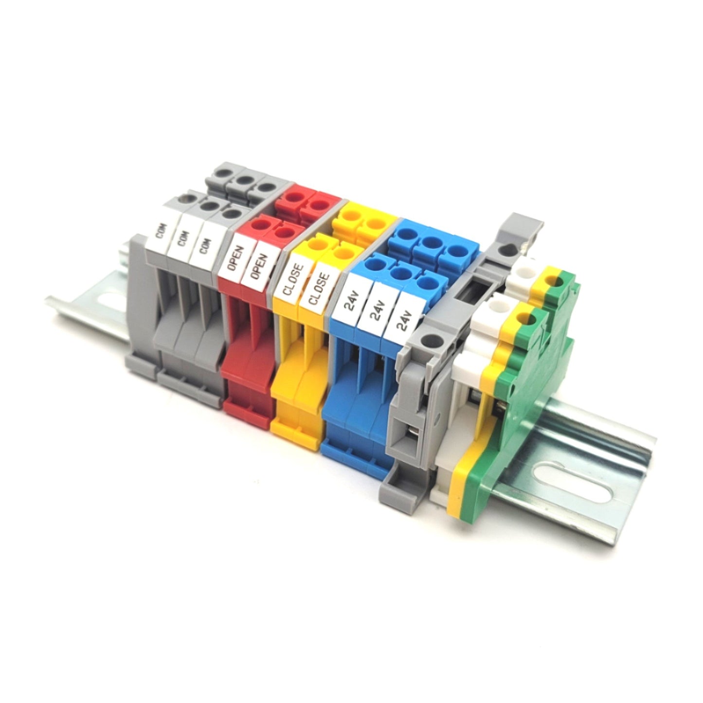 Used Lot Of 13 Assorted CONNECTWELL Terminal Blocks On DIN Rail CTS4UN, CSFL4U, CGT4N