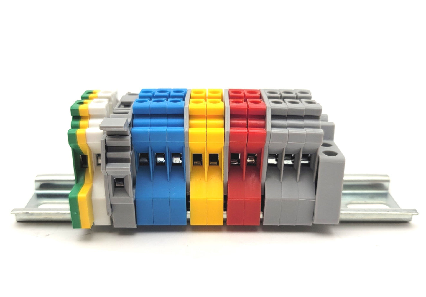Used Lot Of 13 Assorted CONNECTWELL Terminal Blocks On DIN Rail CTS4UN, CSFL4U, CGT4N