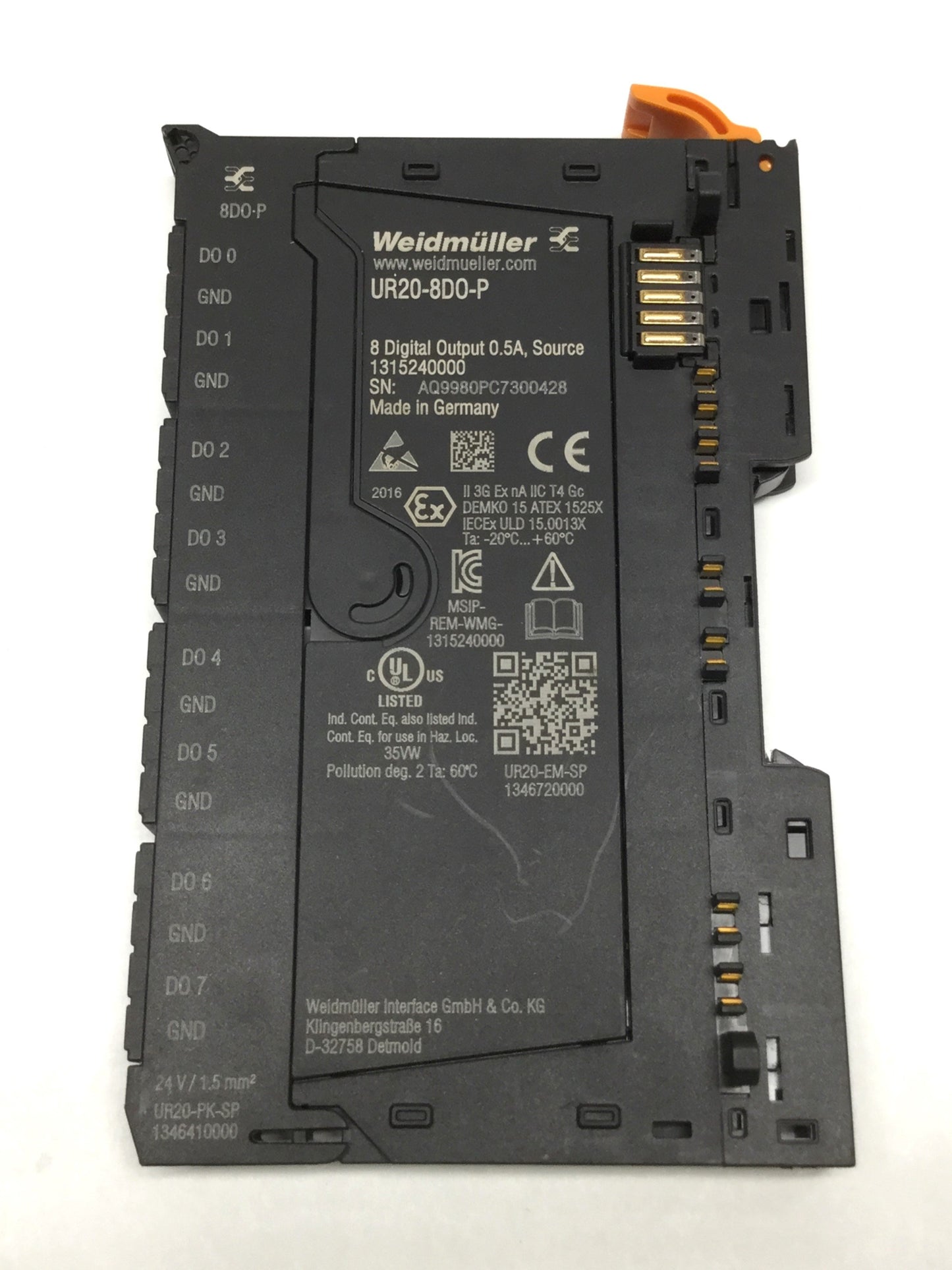 Used Weidmuller UR20-8DO-P Remote Digital Output Module, 8-Channel DO, 24VDC 0.5A