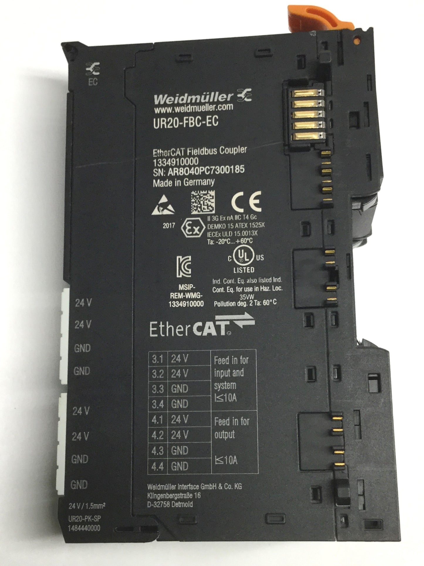 Used Weidmuller UR20-FBC-EC Remote I/O EtherCAT Fieldbus Coupler RJ45 Ethernet Module