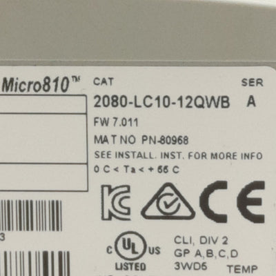 Used Allen Bradley 2080-LC10-12QWB Micro810 Programmable Controller 4DI/4AI, 4-Relay