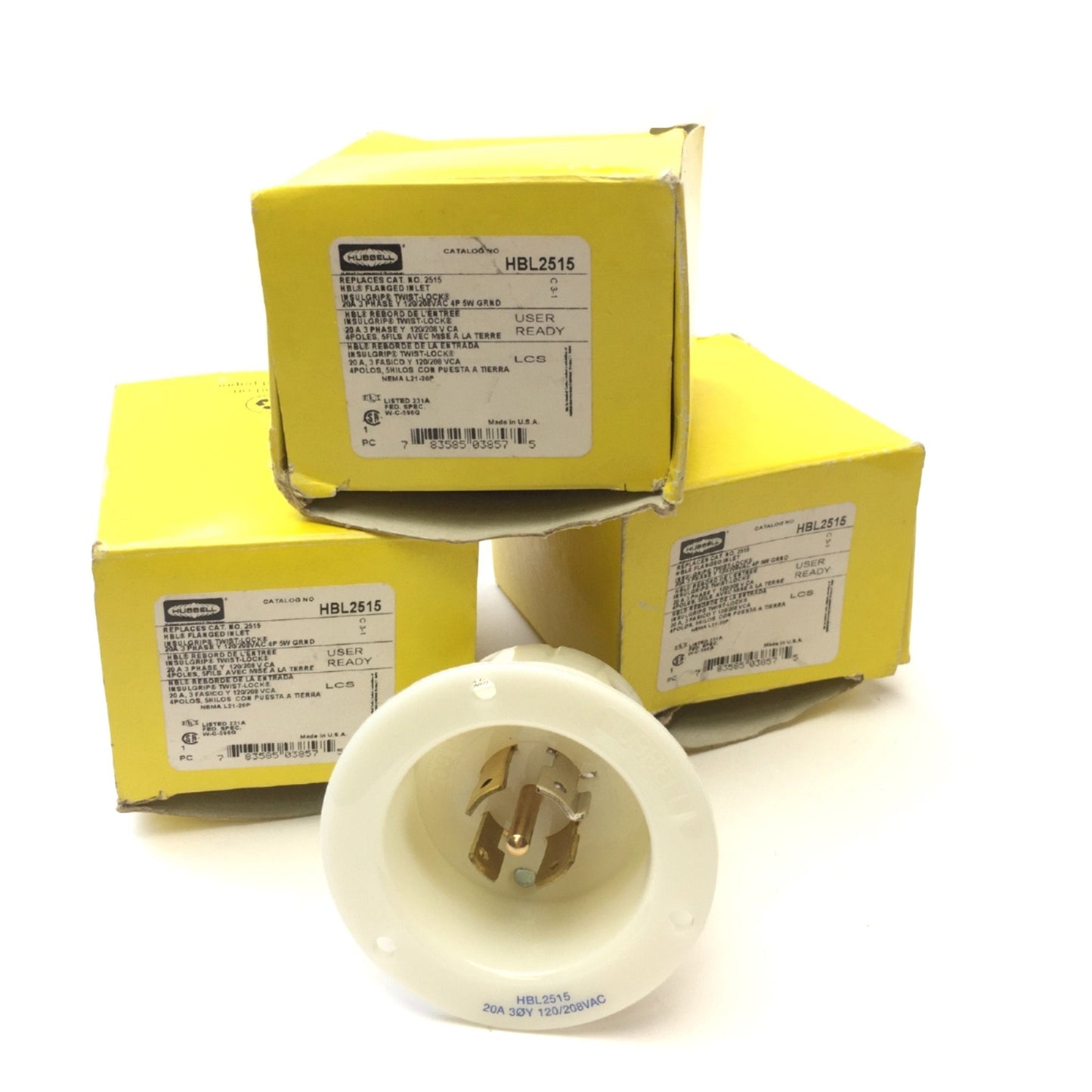New – Open box Lot of 3 Hubbell HBL2515 Flanged Inlet Twist-Lock 3Ø 4P 5W 20A 120/208V, L21-20P