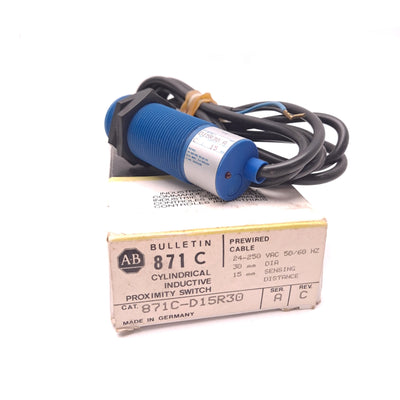 New Allen Bradley 871C-D15R30 Proximity Sensor, 24-250VAC, 300mA, NC, 15mm Range