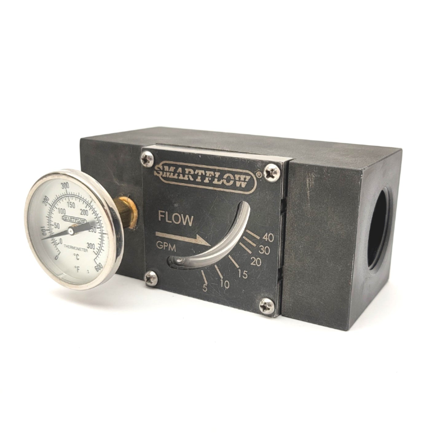 Used Smartflow HF8-B-40 Hot Oil Flowmeter With Temperature Gauge, 5-40GPM, 1"NPT
