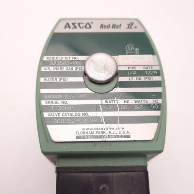 Used ASCO SC8262H038VH Red Hat Solenoid Valve, 240v 60Hz, 1/4" NPT, 2-Way, NC
