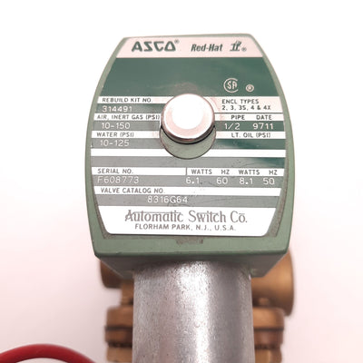 Used ASCO 8316TG64 Solenoid Valve, 8.1W DC, 6.1W AC, 10-150 Psi Air, 1/2" NPT, 3-Way