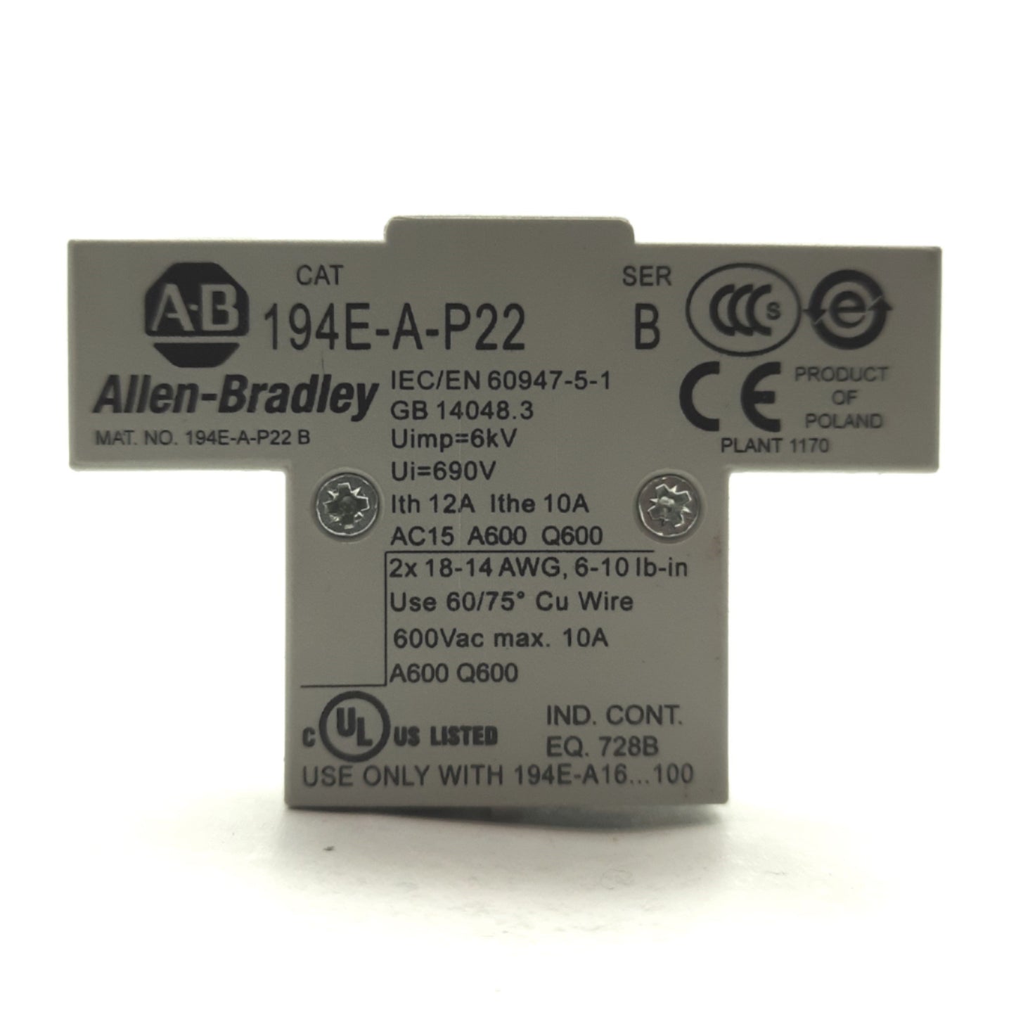 New – Open box Allen Bradley 194E-A-P22 Disconnect Switch Aux Contact, 2x NC 2x NO, 600V 10A