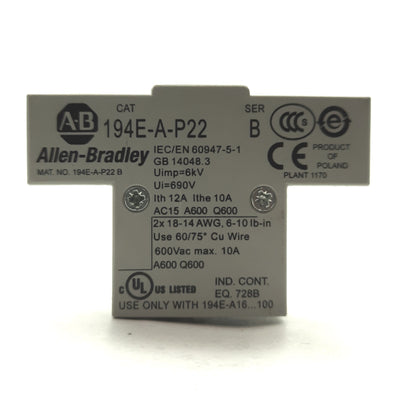 New – Open box Allen Bradley 194E-A-P22 Disconnect Switch Aux Contact, 2x NC 2x NO, 600V 10A