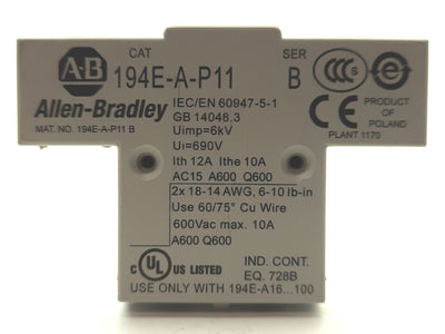 New – Open box Allen Bradley 194E-A-P11 Disconnect Switch Aux Contact, 1x NC 1x NO, 600V 10A