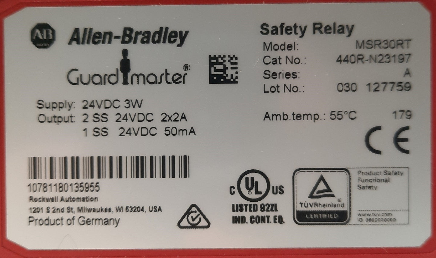 Used Allen Bradley 440R-N23197 Ser A Guardmaster Safety Relay, 2x Inputs NC, 24VDC