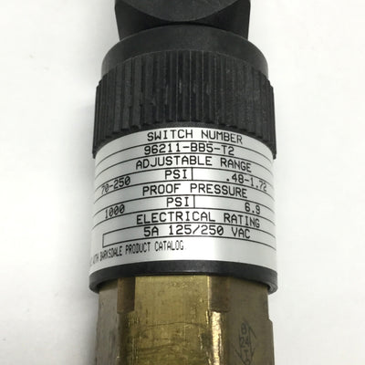Used Barksdale 96211-BB5-T2 Adjustable Pressure Switch, 70-250psi Range, 1/4" NPT