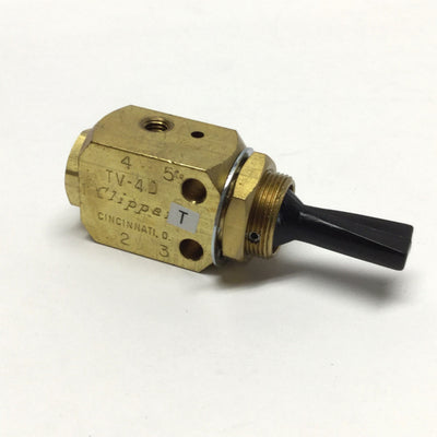 Used Clippard TV-4D Brass 4-Way Air Valve, NC, 3-Position Plastic Toggle, 10-32 Ports