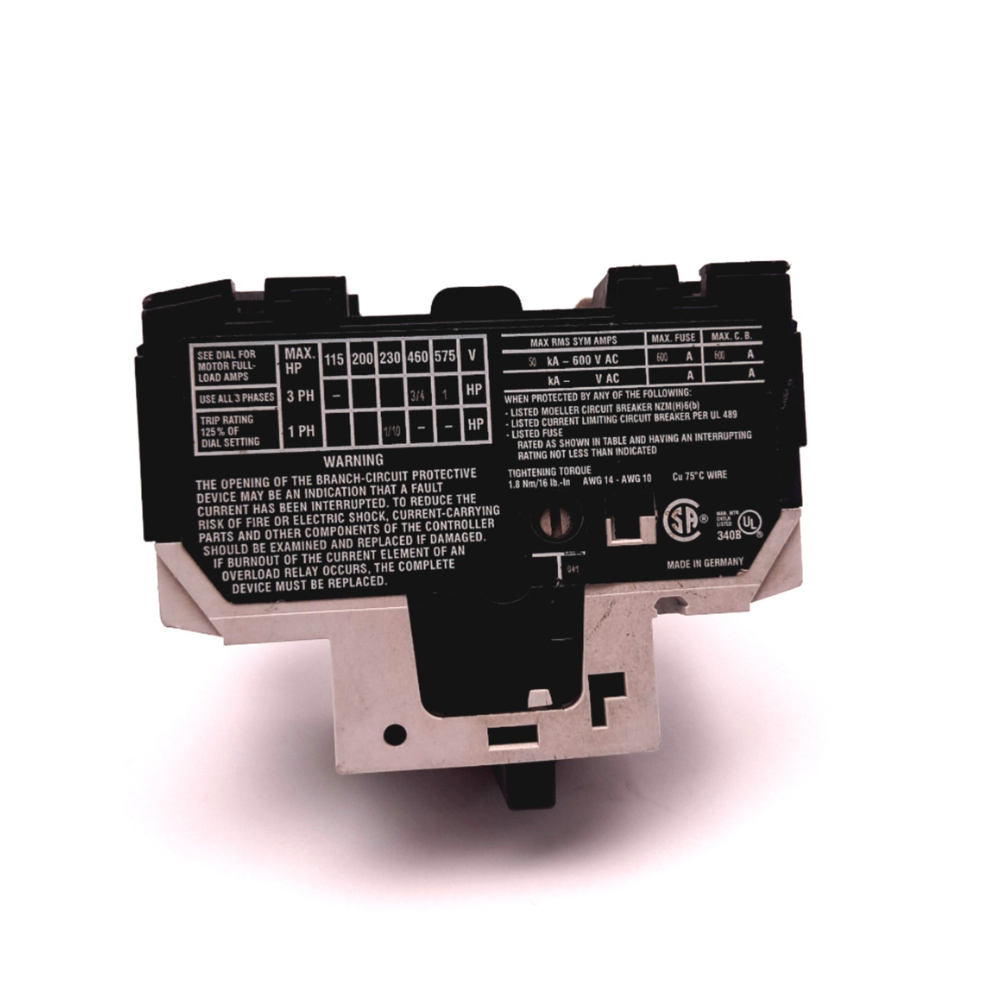 Used Moeller PKZM0-1,6 Thermal Magnetic Circuit Breaker 3 Pole 250VDC, 690VAC, 1.6A