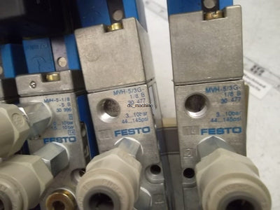 Used Bank of 4 Festo Pneumatic Solenoid Valves 2x MVH-5/3G-1/8B, 2x MVH-5-1/8-S B