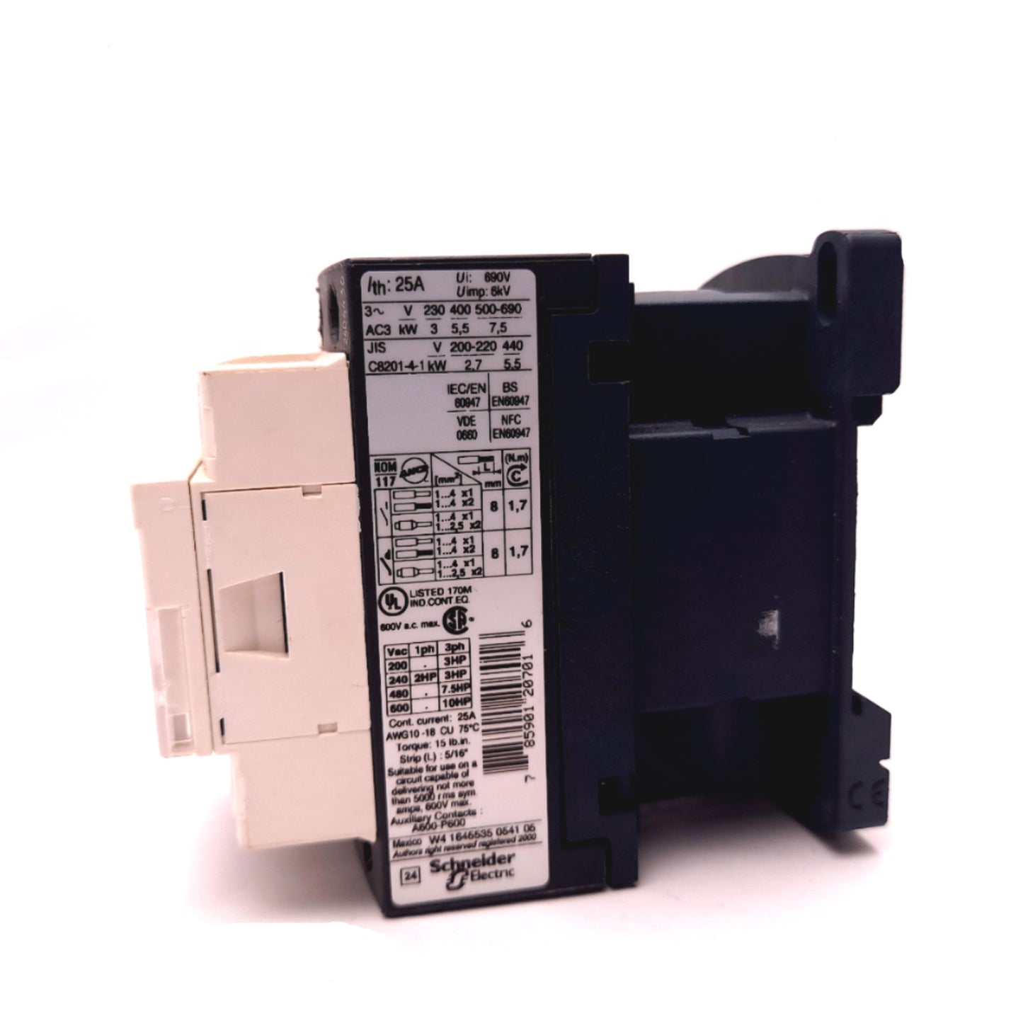 Used Telemecanique LC1D12 B7 Contactor Relay, 24VAC Coil, 600VAC 25A, 1-NO, 1-NC