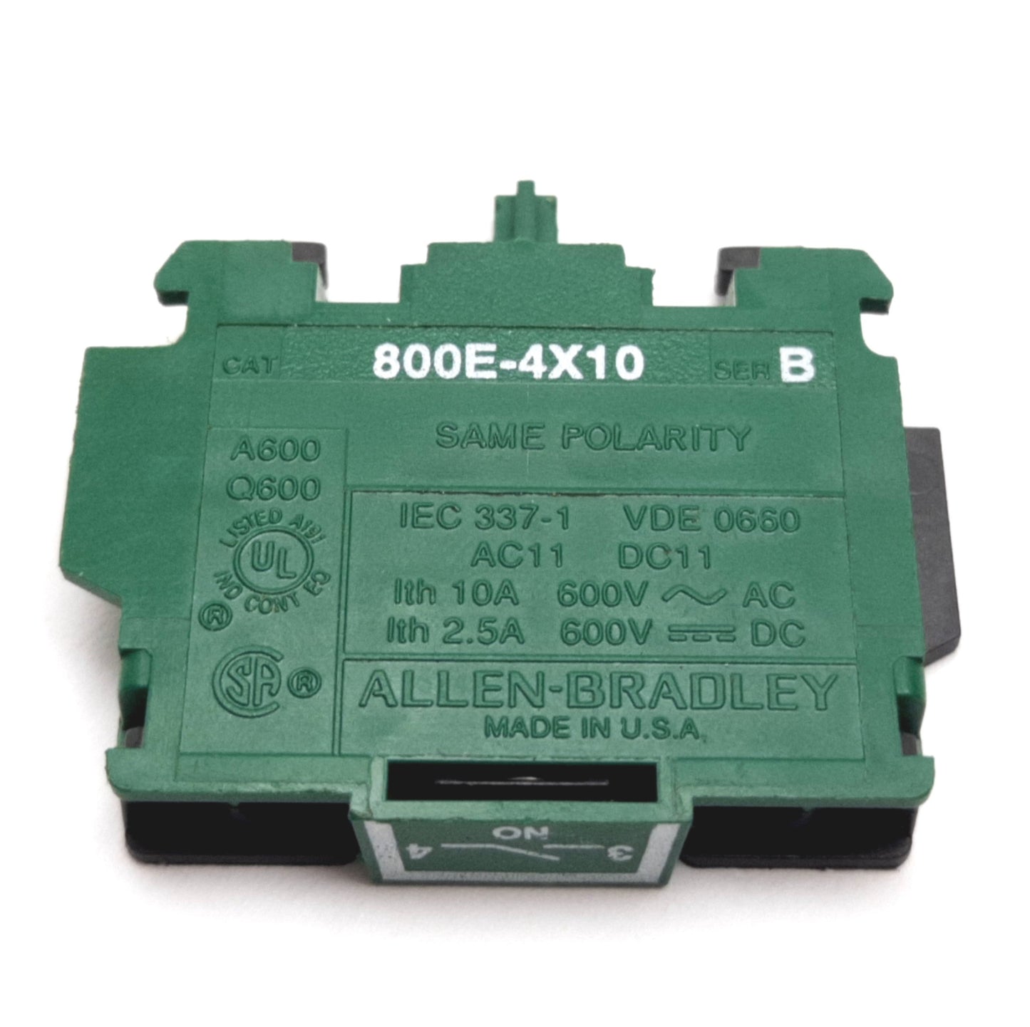 Used Allen Bradley 800E-4X10 Contact Block, Normally Open, 600VAC/DC 10A AC / 2.5A DC