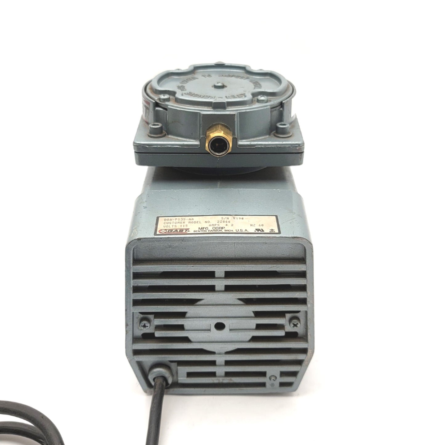 Used Gast D0A-P135-AA Compressor Vacuum Pump 1/8hp, 21"Hg, 60psi Max, 1.1CFM, 120VAC