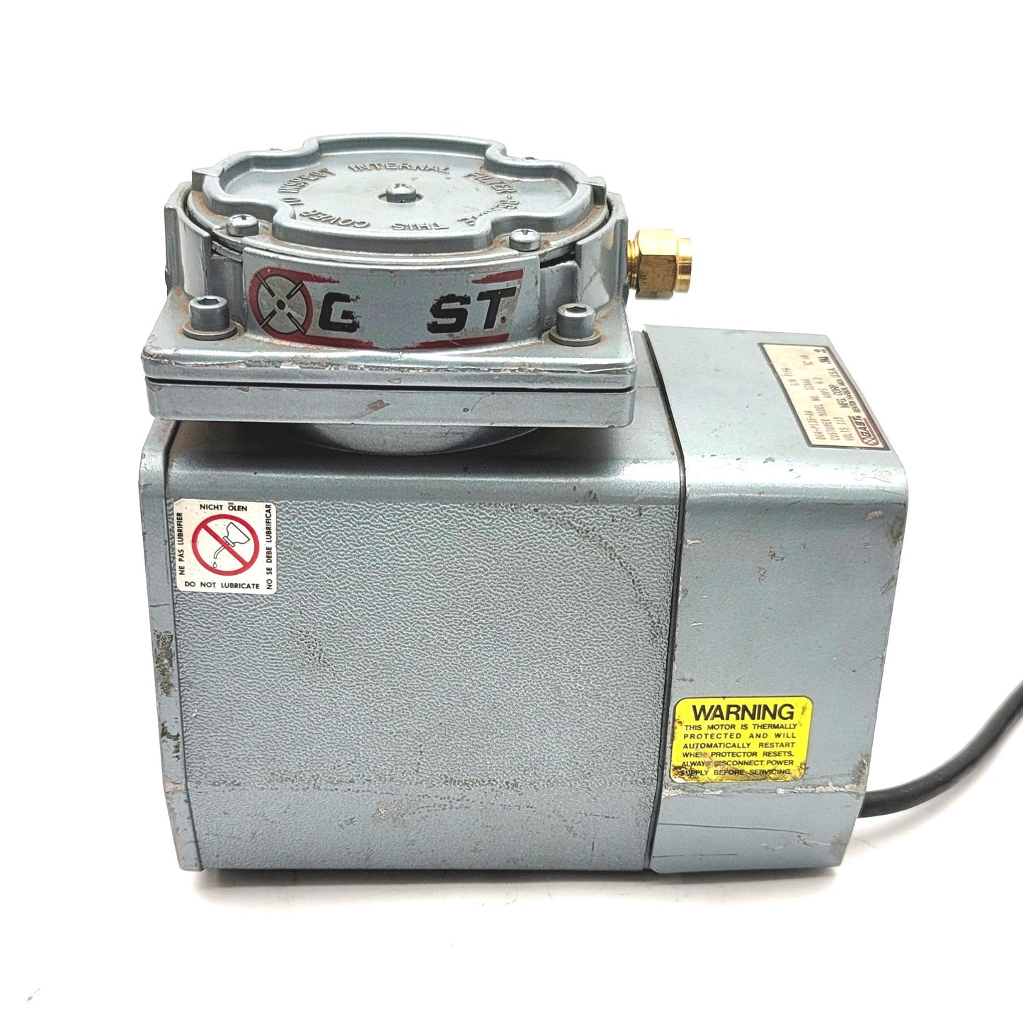Used Gast D0A-P135-AA Compressor Vacuum Pump 1/8hp, 21"Hg, 60psi Max, 1.1CFM, 120VAC