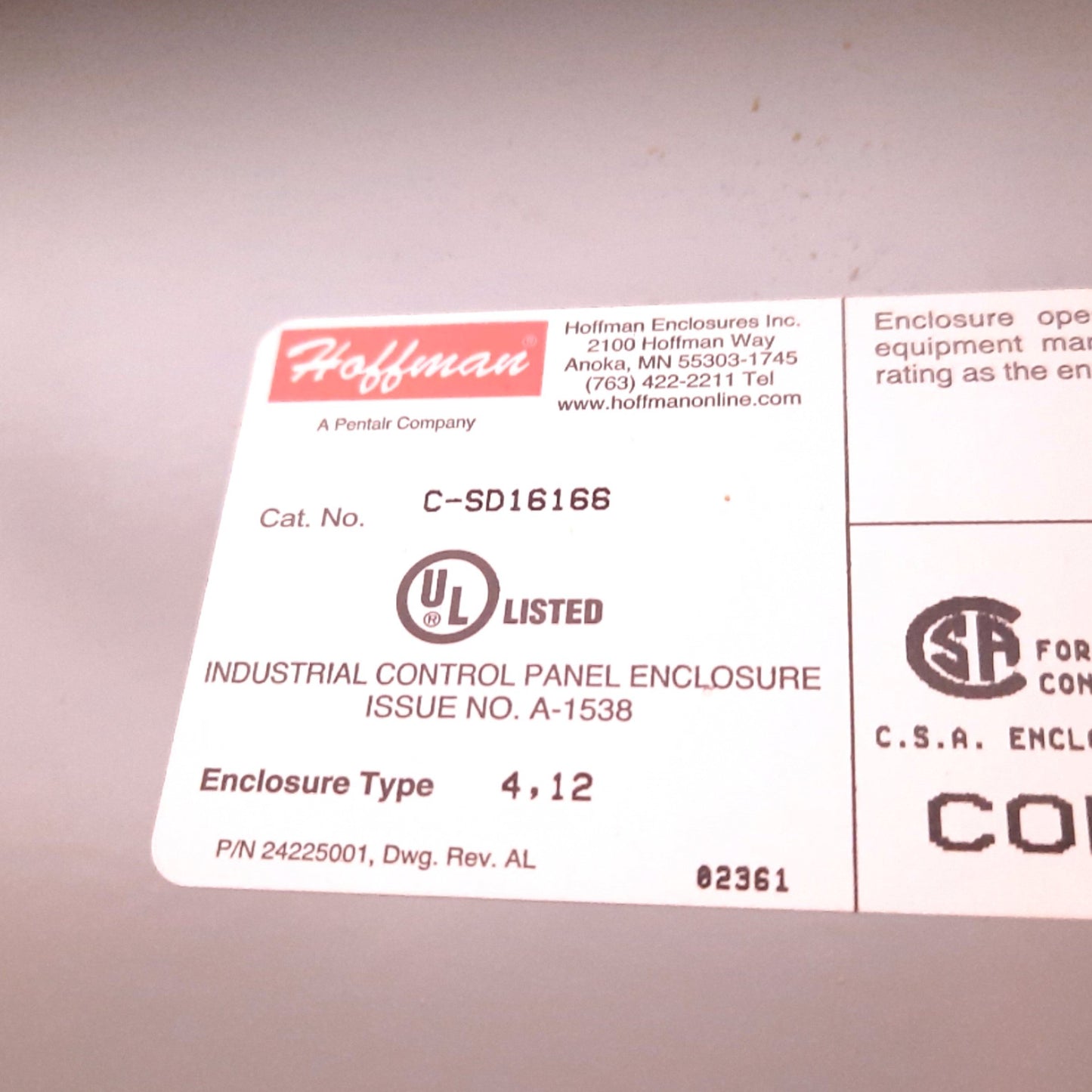 Used Hoffman C-SD16166 Electrical Enclosure, 16" x 16" x 6", Steel, *Holes Added*